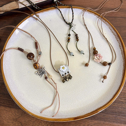 Style Pendant Antique Cord Butterfly Flower Longevity Lock Necklaces