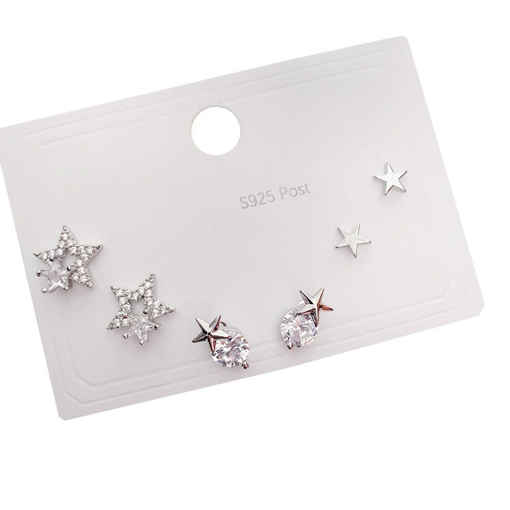 Women's Fashion Sier Set One Card Three Small Ear Needle Earrings