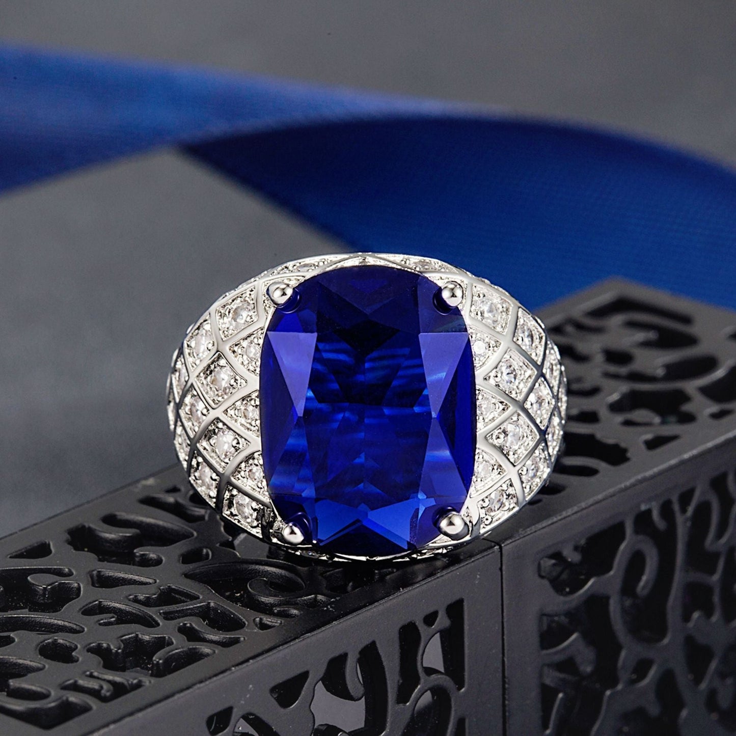 Men's Fat Rectangular Sapphire Full Diamond Group Inlaid Rings