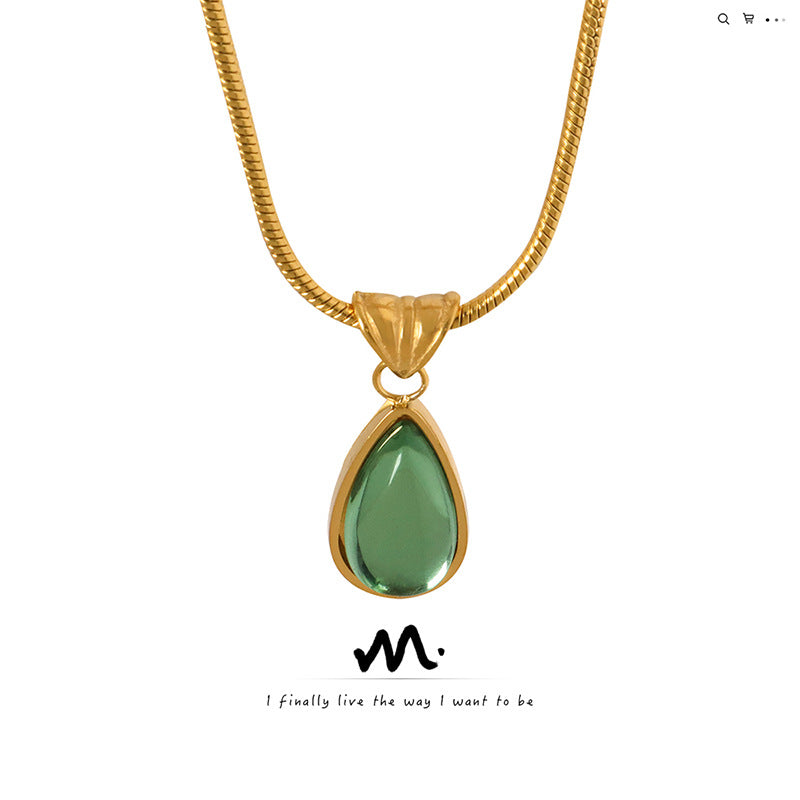Women's Retro Olive Green Blue Water Drop Pendant Design Necklaces