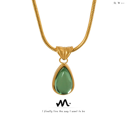 Women's Retro Olive Green Blue Water Drop Pendant Design Necklaces