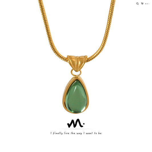 Women's Retro Olive Green Blue Water Drop Pendant Design Necklaces