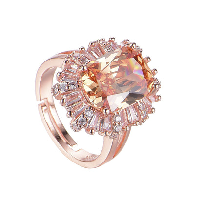 Rectangular Champagne Zircon Closed Open Female Rose Rings