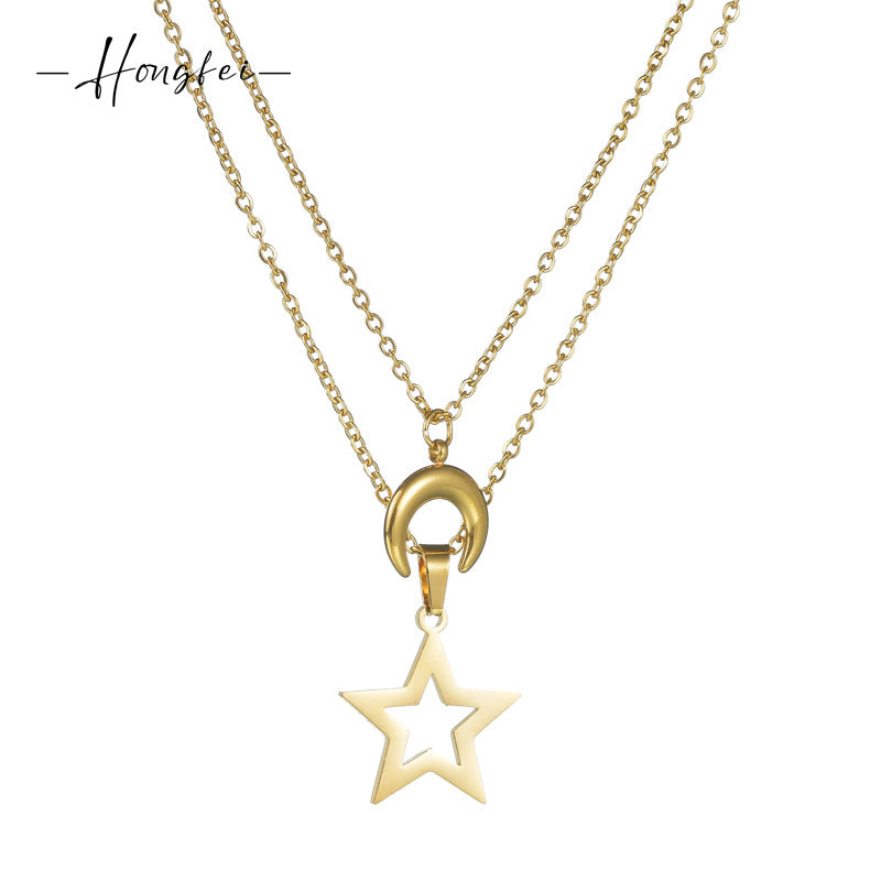 French Retro Stainless Steel Gold Hollow Pentagram Ornament Necklaces
