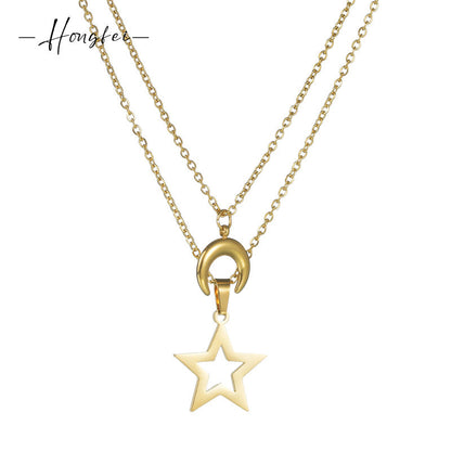 French Retro Stainless Steel Gold Hollow Pentagram Ornament Necklaces