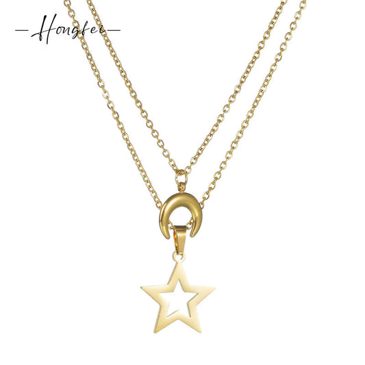French Retro Stainless Steel Gold Hollow Pentagram Ornament Necklaces