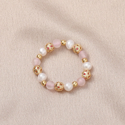 Freshwater Pearl Stretch Strawberry Quartz Pink Crystal Rings