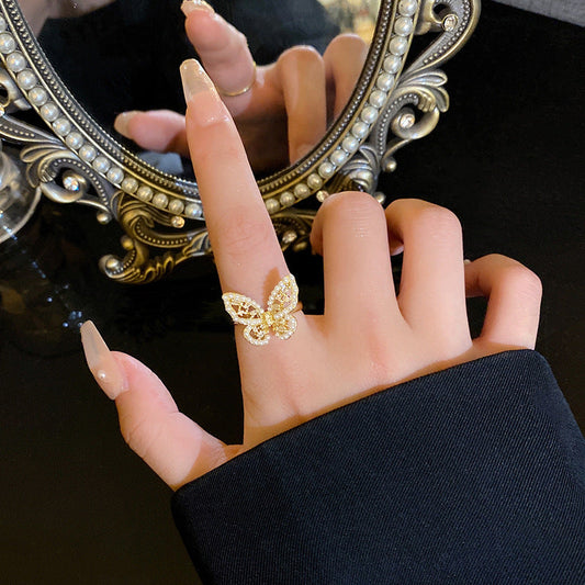 Generous Butterfly Female Opening Adjustable Pearl Zircon Rings