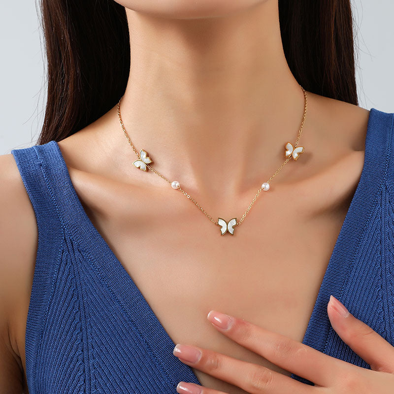 Korean Style Simple Pearl Butterfly Titanium Necklaces