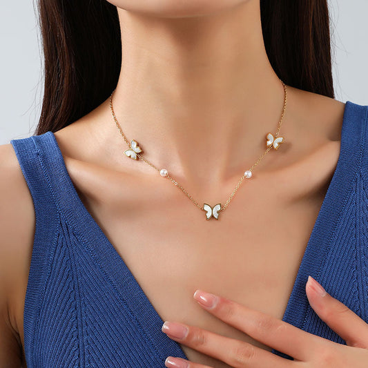 Korean Style Simple Pearl Butterfly Titanium Necklaces