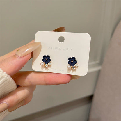 Needle Matte Sapphire Blue Small Flower Rhinestone Pearl Earrings