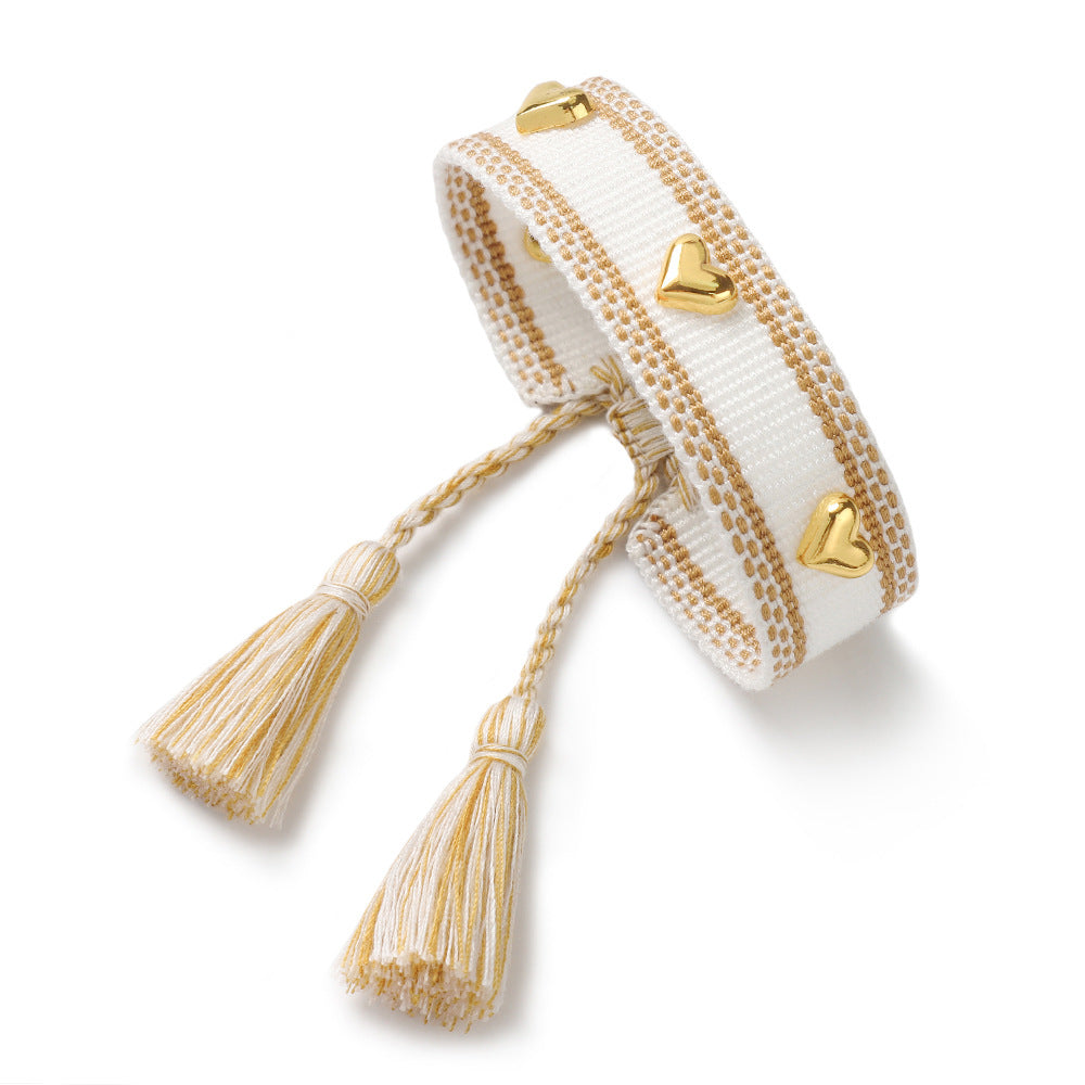 Couple Golden Heart-shaped Carrying Strap Hand-woven Tassel Bracelets