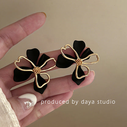 For Metal Flower Korean Exaggeration Sier Pin Earrings