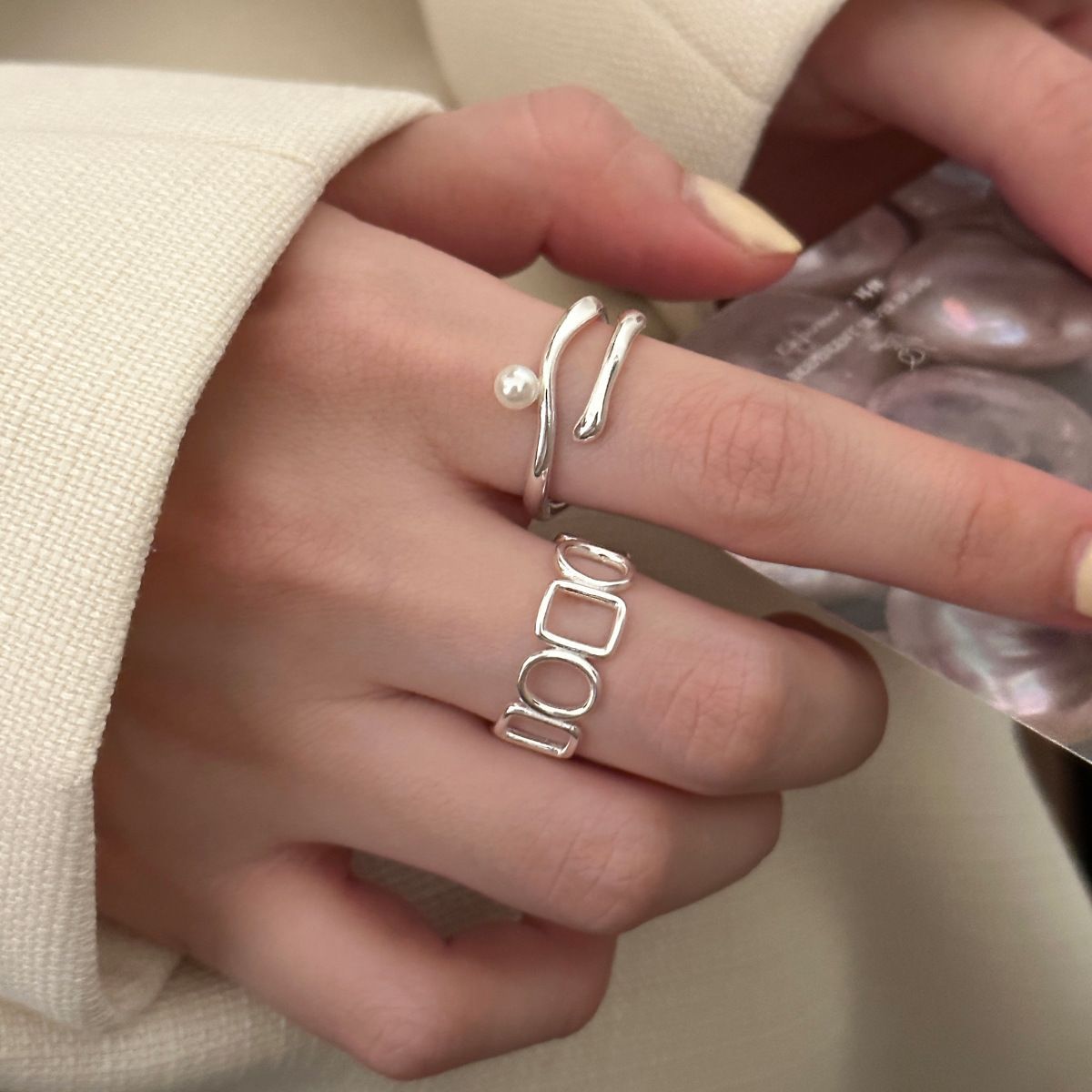 Square Female Simple Cold Style Twin Sier Opening Niche Rings