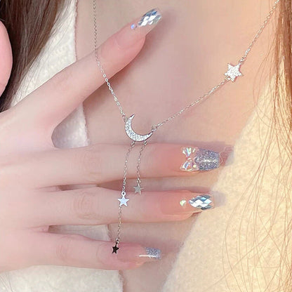 Women's Sier Star Moon Tassel Korean Light Luxury Graceful Necklaces