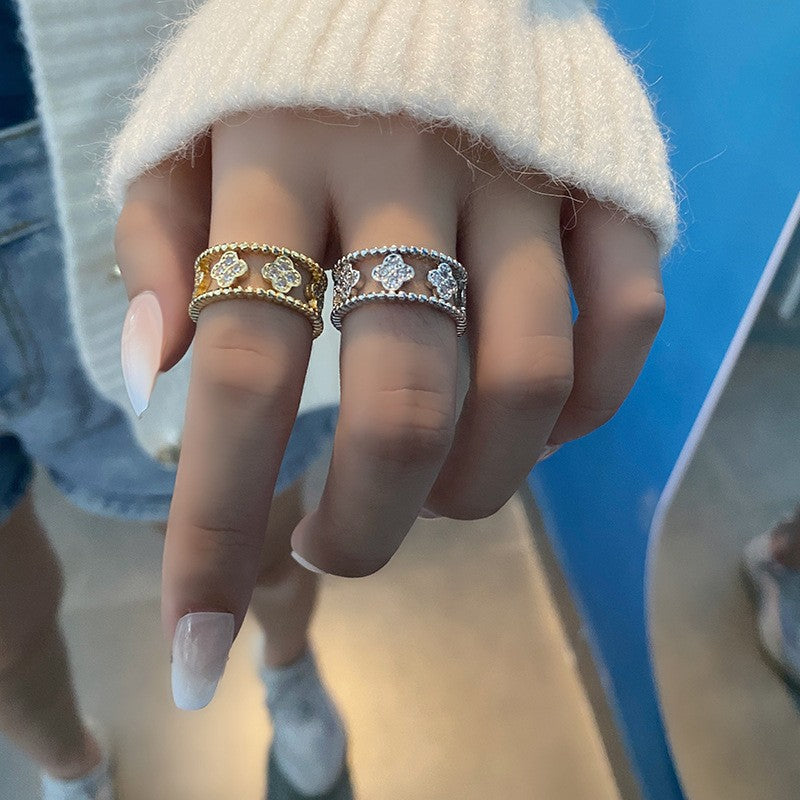 Retro Fashion Micro Inlaid Zircon Four-leaf Clover Temperament Rings