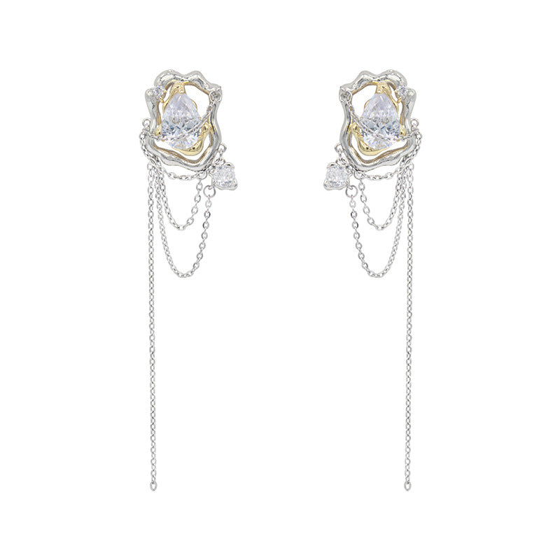 Women's Drop Zircon Tassel Chain Niche Design Earrings