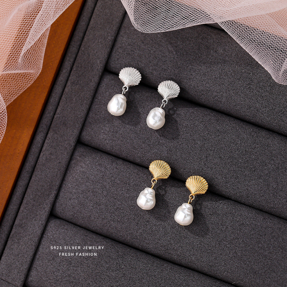 Women's Sterling Sier Imitation Beads Shell Korean Earrings