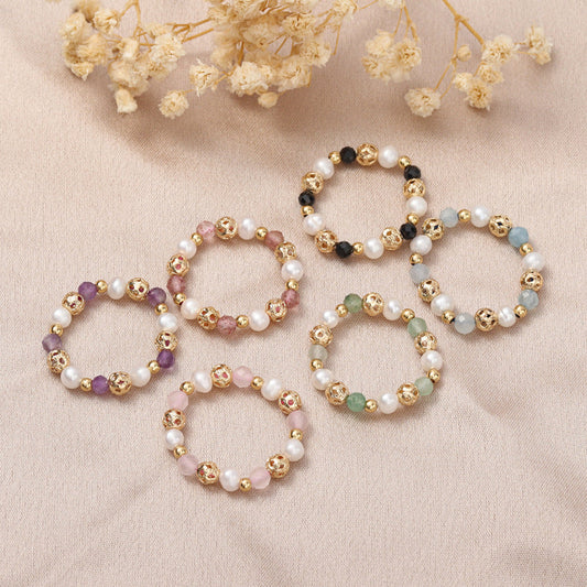 Freshwater Pearl Stretch Strawberry Quartz Pink Crystal Rings