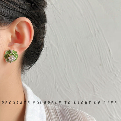 Camellia Sier Needle Plated Drop Oil Pearl Earrings