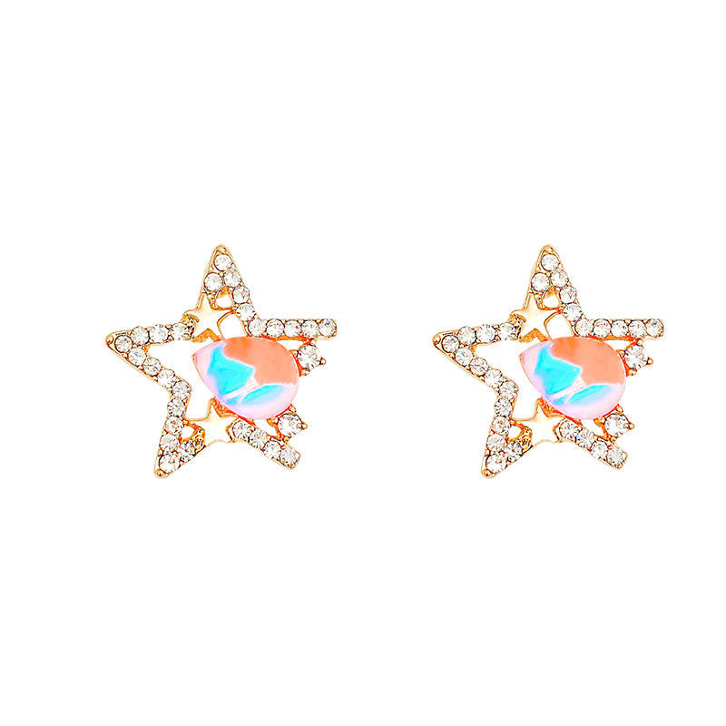 Needle Simple Pentagram Design Pink Zircon Earrings