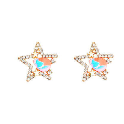 Needle Simple Pentagram Design Pink Zircon Earrings