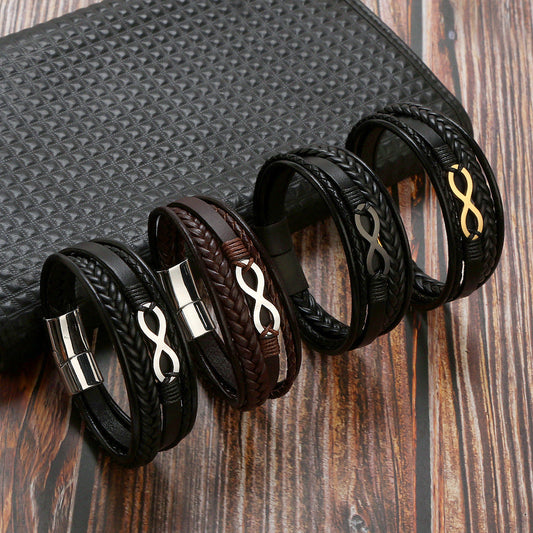 Men's Cowhide Simple Titanium Steel Handmade Leather Bracelets