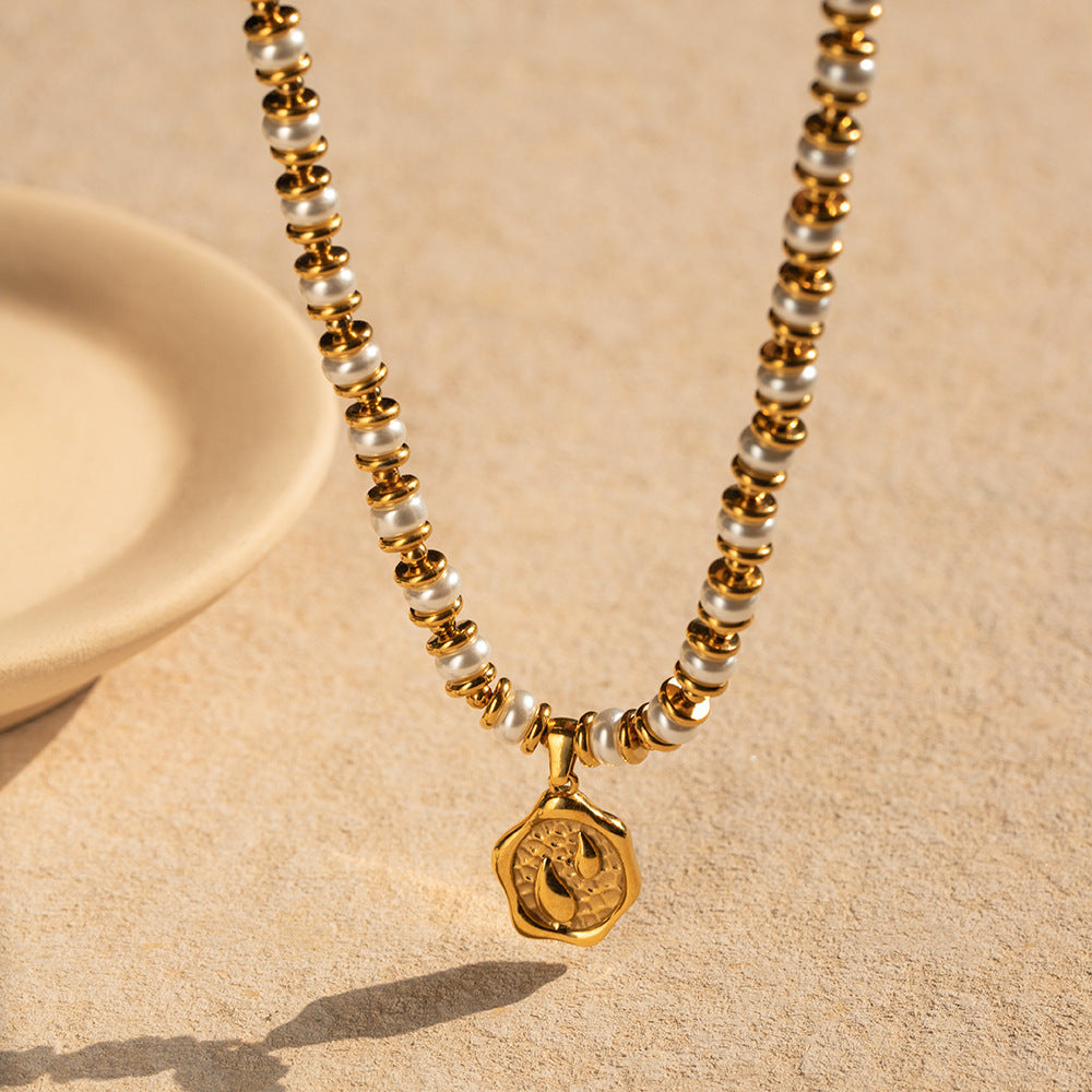 Popular Gold Stainless Steel Inlaid Pearl Coin Necklaces