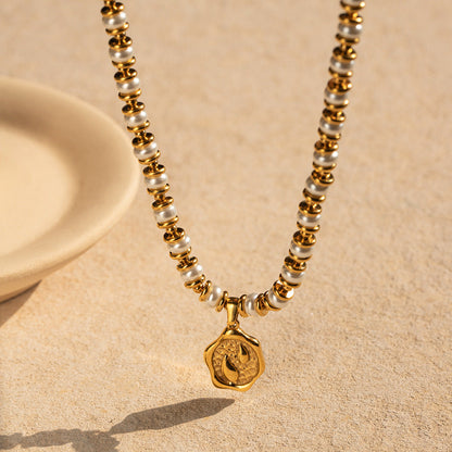 Popular Gold Stainless Steel Inlaid Pearl Coin Necklaces