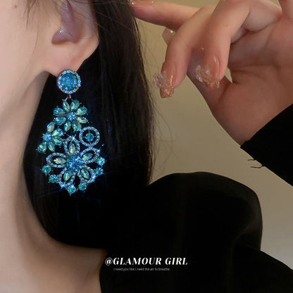 Blue Diamond Flower Exaggerated Design Vintage Earrings