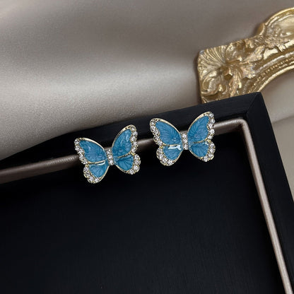 Women's Needle Drip Glazed Rhinestone Blue White Earrings