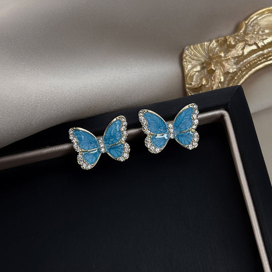 Women's Needle Drip Glazed Rhinestone Blue White Earrings