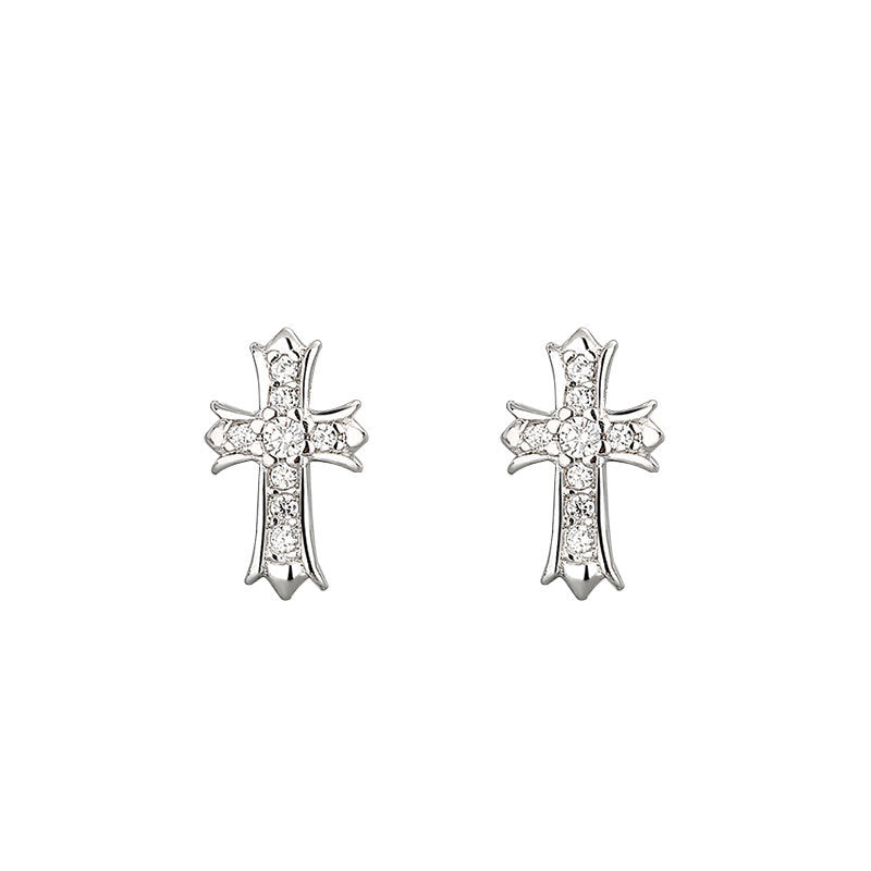 Sier Cross Diamond Zircon Mini Fashionable Simple Earrings