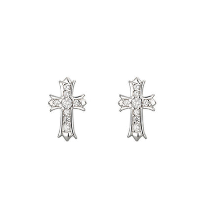 Sier Cross Diamond Zircon Mini Fashionable Simple Earrings
