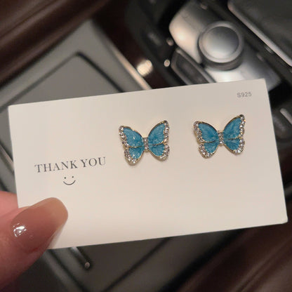 Women's Needle Drip Glazed Rhinestone Blue White Earrings