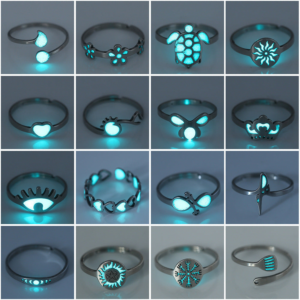 Cute Night Glow Ornament Fashion Geometric Stainless Steel Rings
