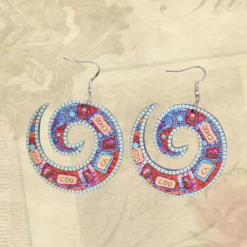 Retro Ethnic Style Fashion Skull Totem Printing Wooden Earrings