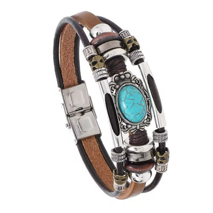 Men's Beaded Leather Bohemia Style Turquoise Stainless Bracelets