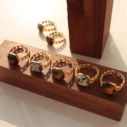 Natural Stone Tigereye Inlaid Geometric Open Rings