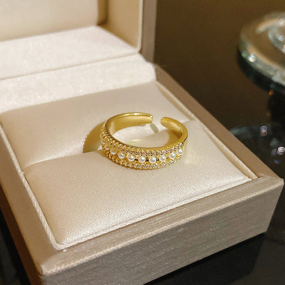 Pearl Zircon With Diamond Open Adjustable Rings