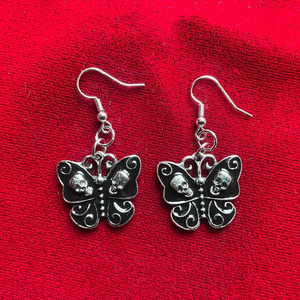 Butterfly And Skull Gothic Sier Black Rings