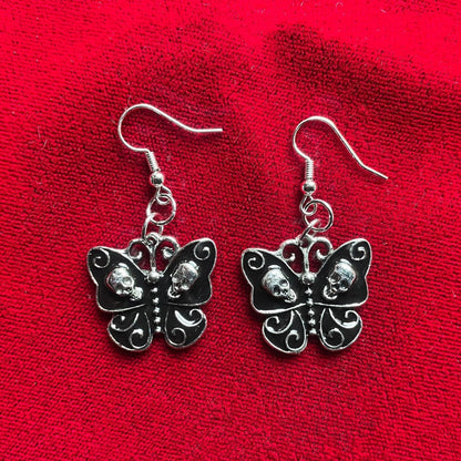 Butterfly And Skull Gothic Sier Black Rings