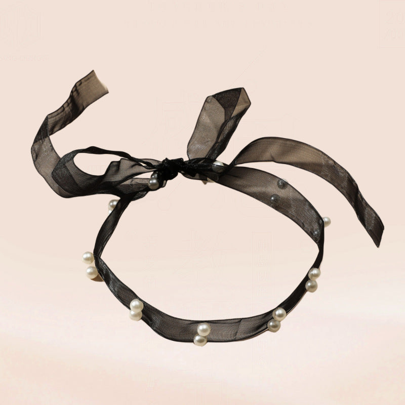 Women's Sweet Lady Black Mesh Ribbon Pearl Necklaces