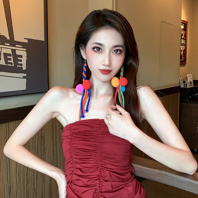 Hairy Ball Funny Quirky Long Asymmetric Earrings