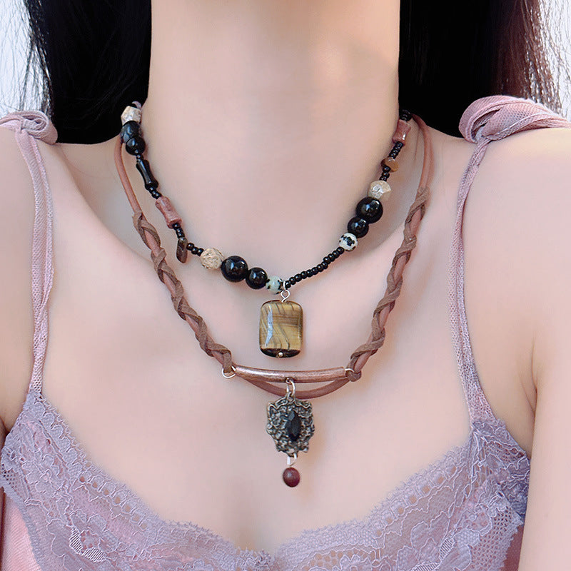 Natural Tigereye Beaded Clavicle Chain Female Ancient Necklaces