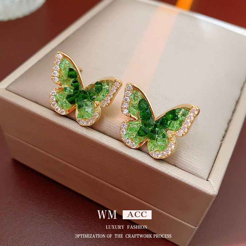 Women's Electroplated Sier Needle Zircon Green Butterfly Refreshing Earrings