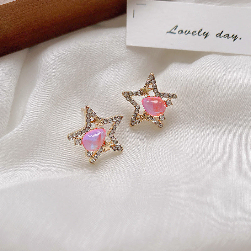 Needle Simple Pentagram Design Pink Zircon Earrings