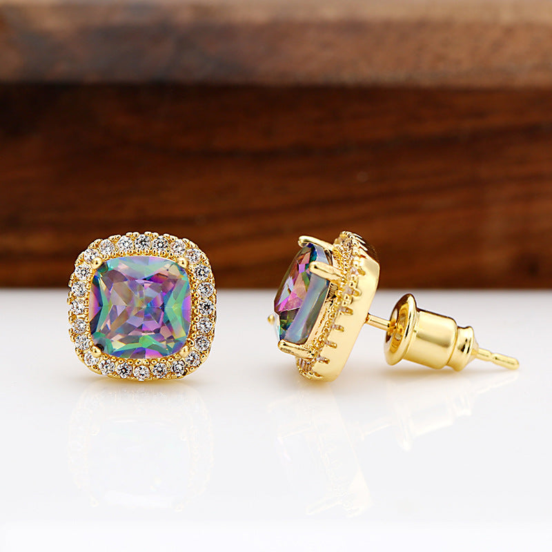 Temperament Wild Colorful Square Zircon Fashion Earrings