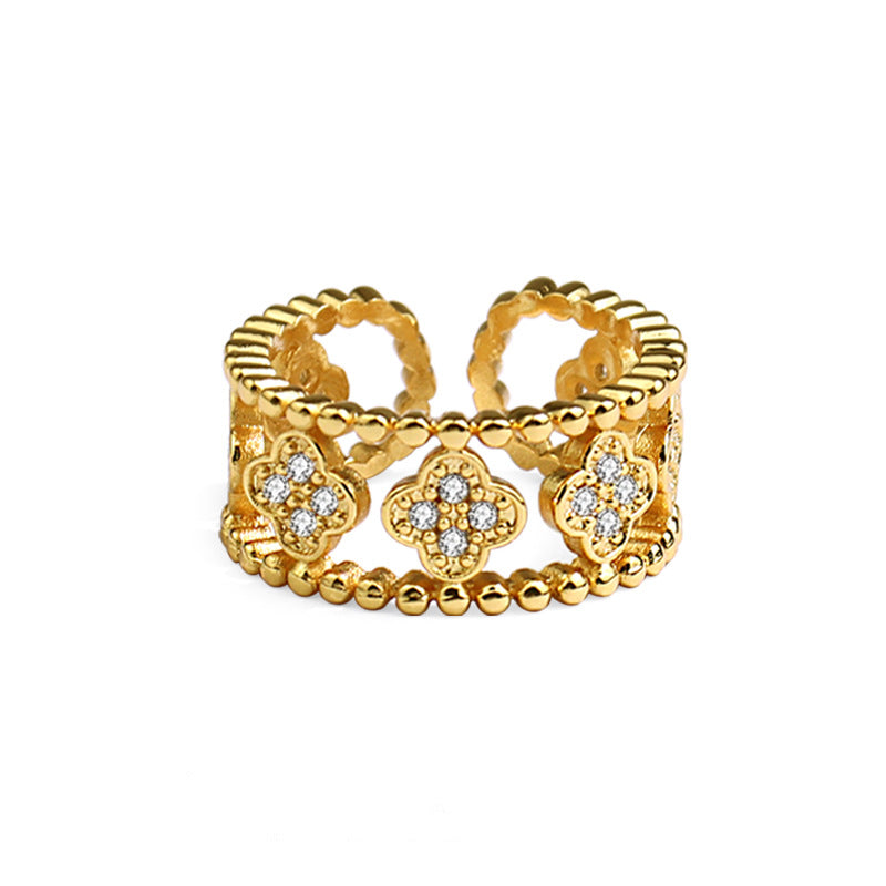 Retro Fashion Micro Inlaid Zircon Four-leaf Clover Temperament Rings