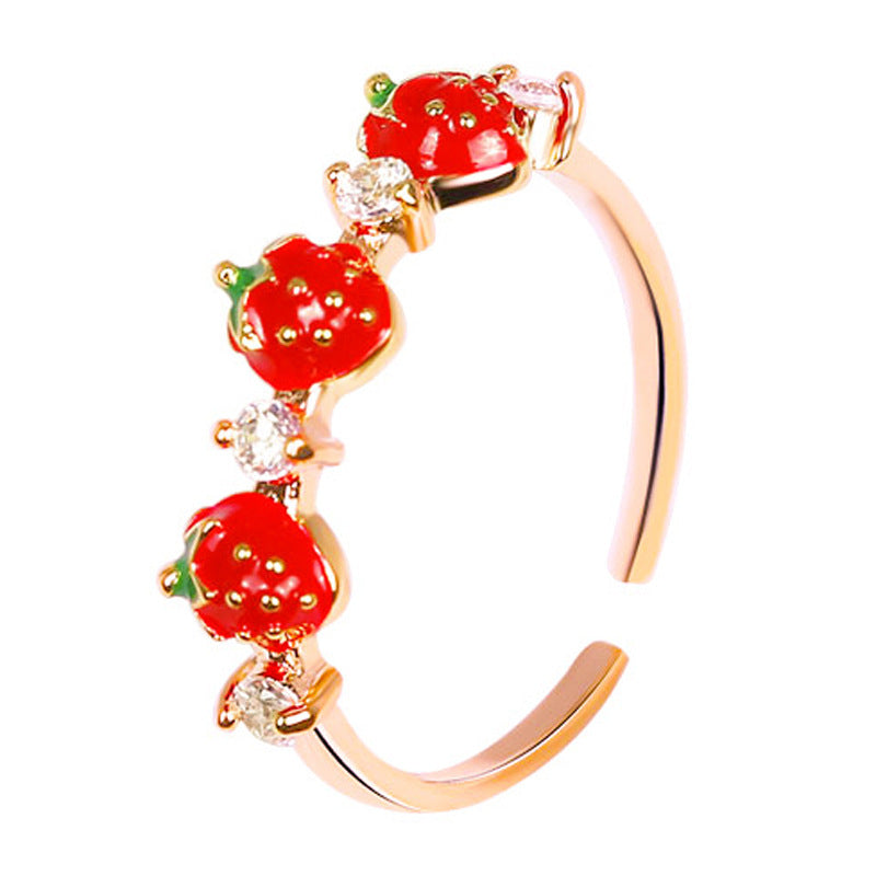 Simple Cute Red Strawberry Female Rhinestone Rings